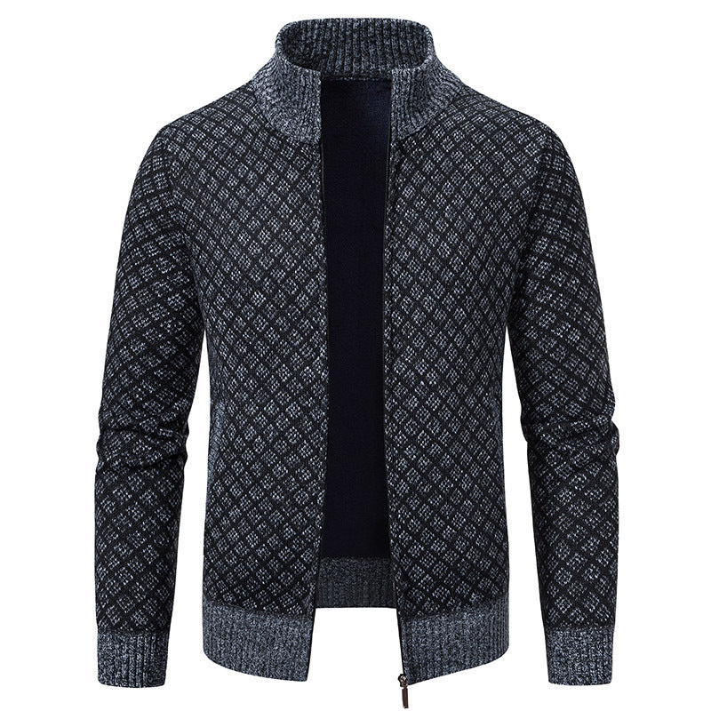 Gilet cardigan épais à carreaux, coupe ajustée, fermeture éclair, col montant, pull d'hiver décontracté à manches longues pour homme.