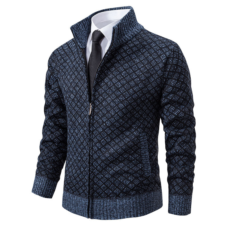 Gilet cardigan épais à carreaux, coupe ajustée, fermeture éclair, col montant, pull d'hiver décontracté à manches longues pour homme.