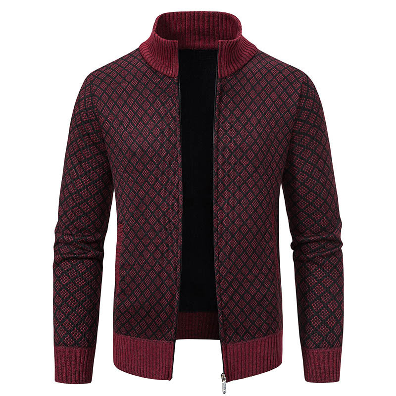 Gilet cardigan épais à carreaux, coupe ajustée, fermeture éclair, col montant, pull d'hiver décontracté à manches longues pour homme.