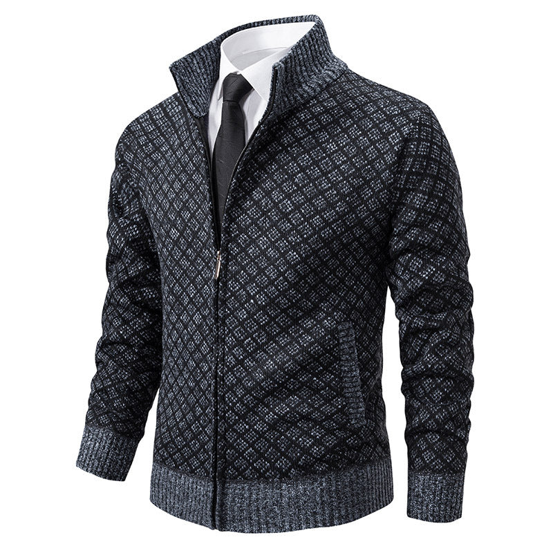 Gilet cardigan épais à carreaux, coupe ajustée, fermeture éclair, col montant, pull d'hiver décontracté à manches longues pour homme.