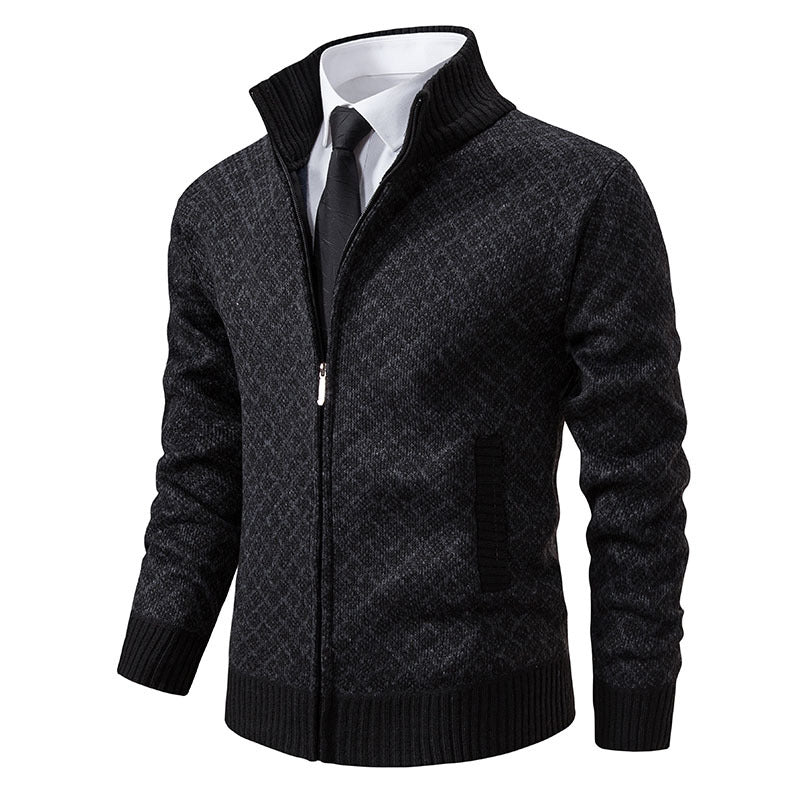 Gilet cardigan épais à carreaux, coupe ajustée, fermeture éclair, col montant, pull d'hiver décontracté à manches longues pour homme.