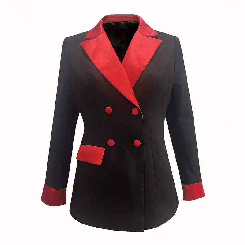 Blazer classique pour femme à revers cranté, veste croisée à manches longues et taille bicolore.