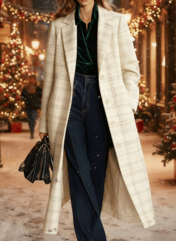 Manteau mi-long à carreaux rétro décontracté et ample