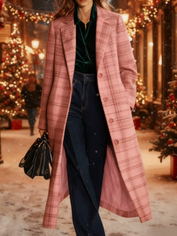 Manteau mi-long à carreaux rétro décontracté et ample