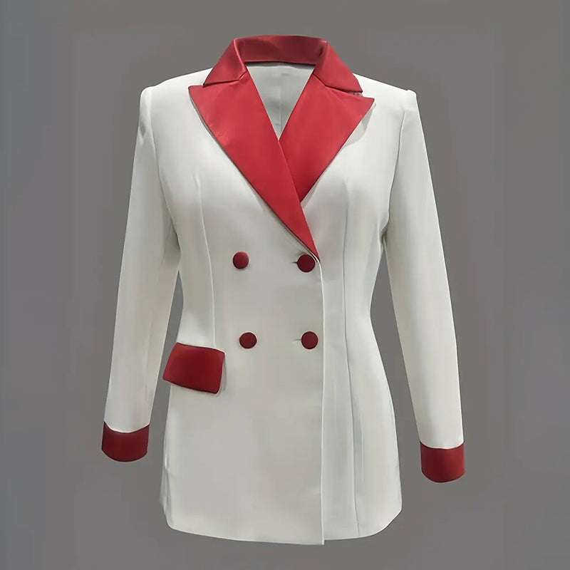 Blazer classique pour femme à revers cranté, veste croisée à manches longues et taille bicolore.