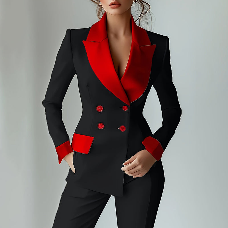 Blazer classique pour femme à revers cranté, veste croisée à manches longues et taille bicolore.
