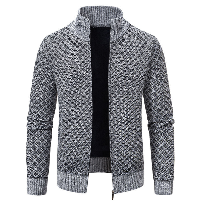 Gilet cardigan épais à carreaux, coupe ajustée, fermeture éclair, col montant, pull d'hiver décontracté à manches longues pour homme.