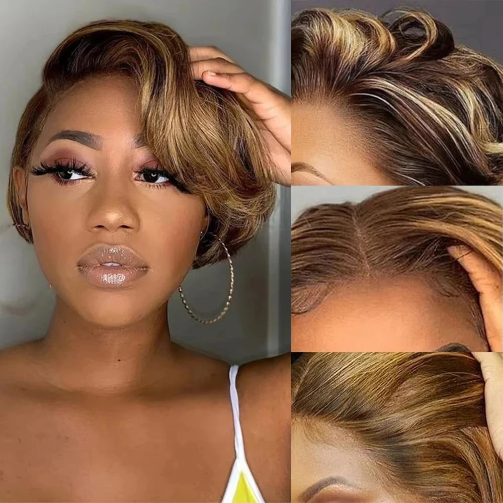 Perruque courte en cheveux humains bruns, coupe pixie, mèches blondes, avec dentelle, effet ombré, cheveux brésiliens raides et pré-épilés.