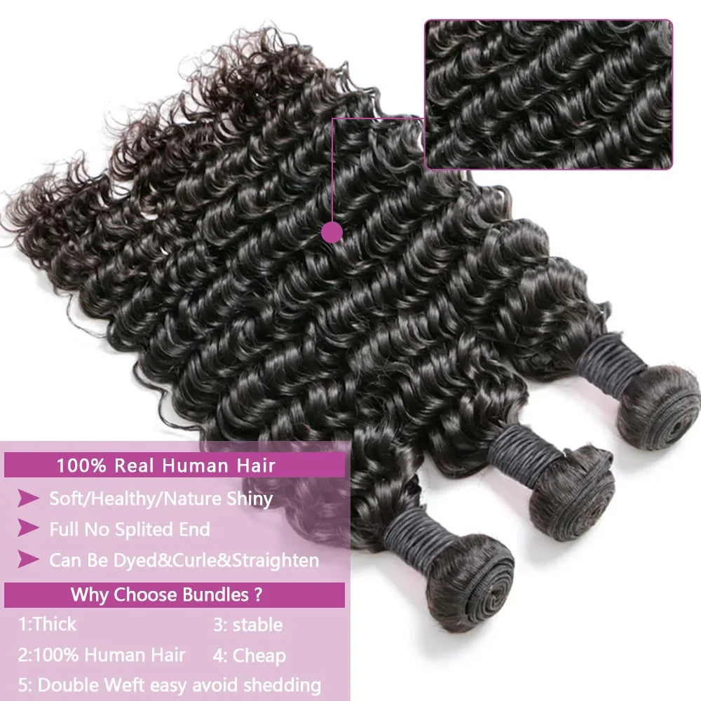 Extensions de cheveux humains Queenlike Deep Wave, 24, 26 et 28 pouces, boucles profondes, 100 % cheveux humains, cheveux brésiliens naturels.