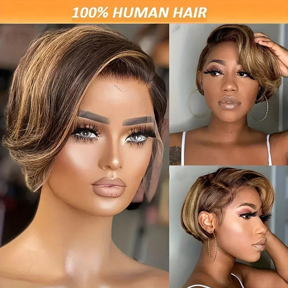 Perruque courte coupe pixie en cheveux humains de qualité supérieure avec lace front 13x4, idéale pour les femmes noires.