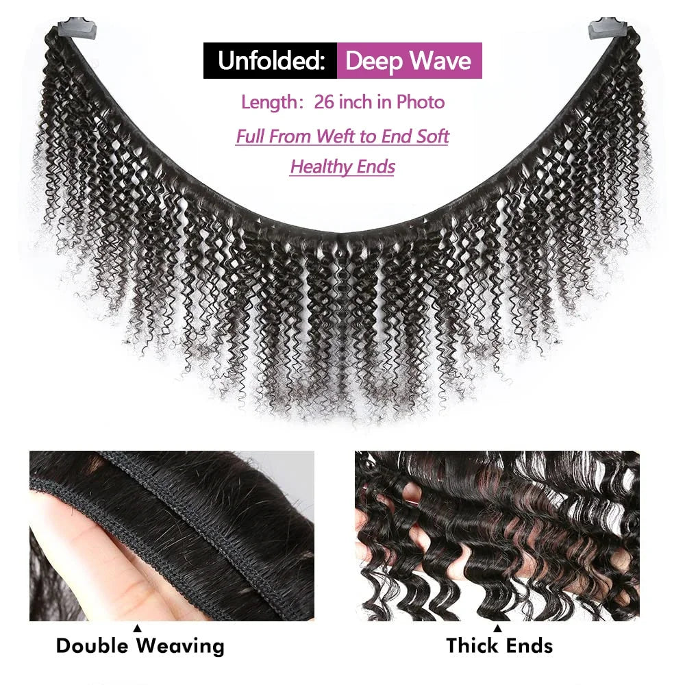 Extensions de cheveux humains Queenlike Deep Wave, 24, 26 et 28 pouces, boucles profondes, 100 % cheveux humains, cheveux brésiliens naturels.