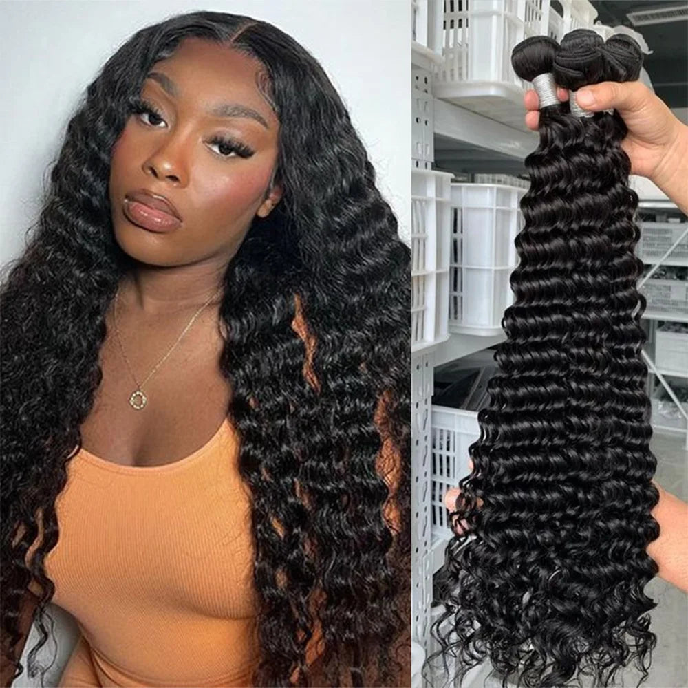 Extensions de cheveux humains Queenlike Deep Wave, 24, 26 et 28 pouces, boucles profondes, 100 % cheveux humains, cheveux brésiliens naturels.