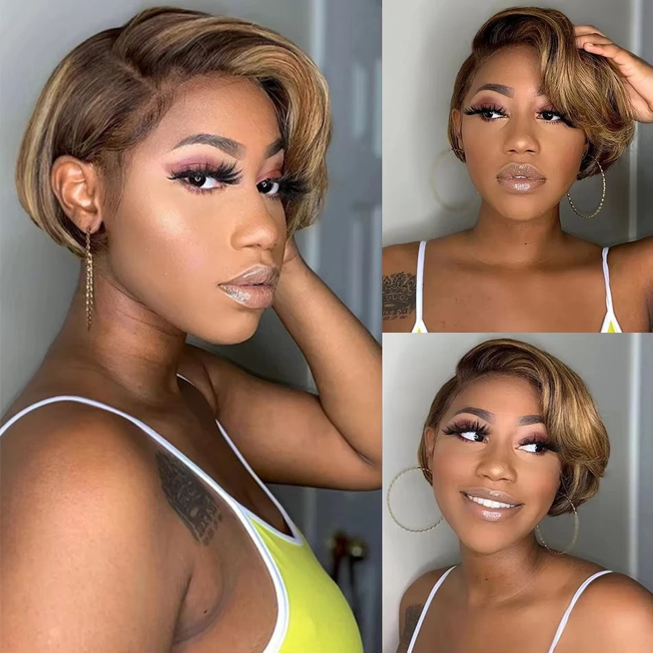 Perruque courte en cheveux humains bruns, coupe pixie, mèches blondes, avec dentelle, effet ombré, cheveux brésiliens raides et pré-épilés.