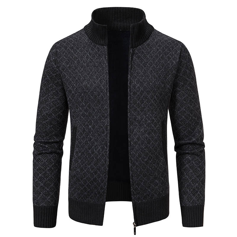 Gilet cardigan épais à carreaux, coupe ajustée, fermeture éclair, col montant, pull d'hiver décontracté à manches longues pour homme.