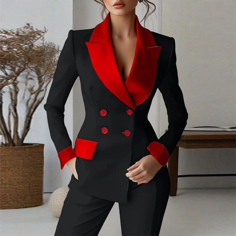 Blazer classique pour femme à revers cranté, veste croisée à manches longues et taille bicolore.