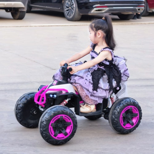 Voiture électrique à pédales, quad électrique 12V pour enfants, 4 roues avec Bluetooth, phares, sièges en cuir, pour garçons et filles, utilisation intérieure et extérieure.