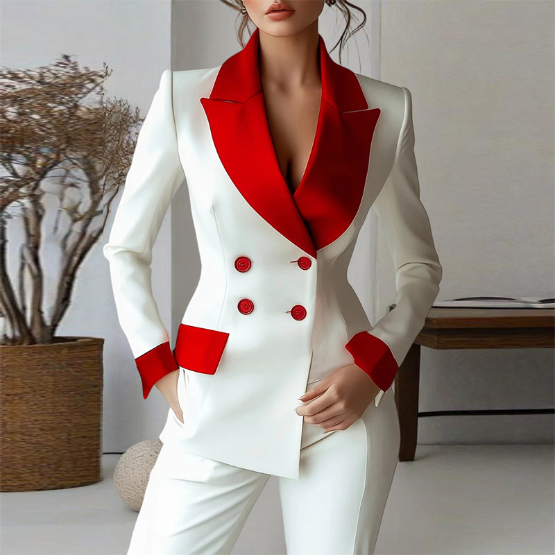 Blazer classique pour femme à revers cranté, veste croisée à manches longues et taille bicolore.
